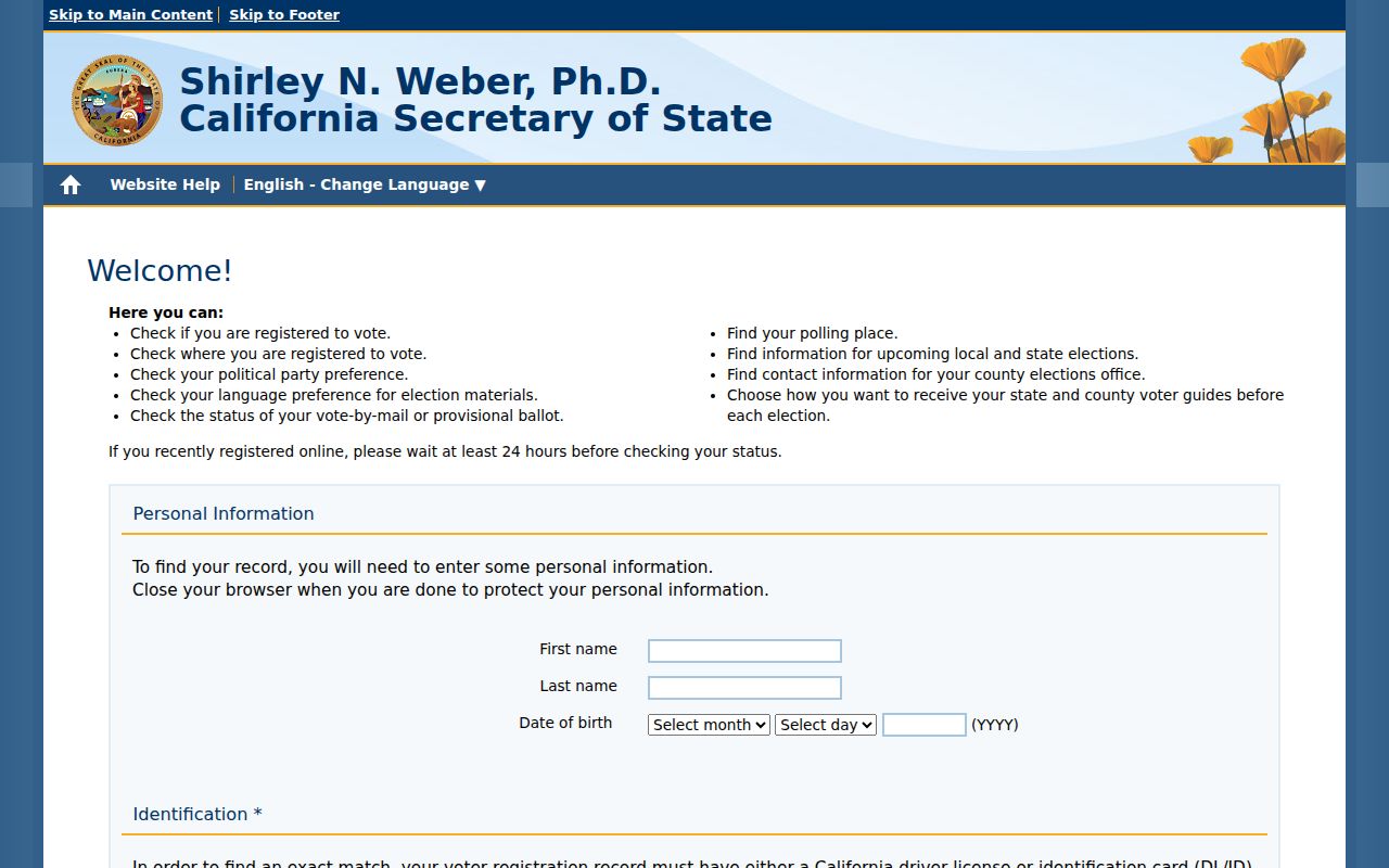 Lake Elsinore residents directory view of California voter status authentication