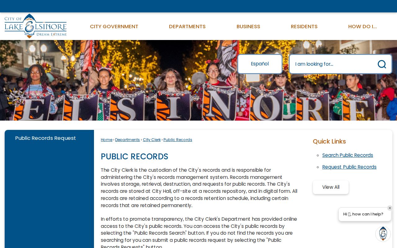 Lake Elsinore residents directory view of city public records access