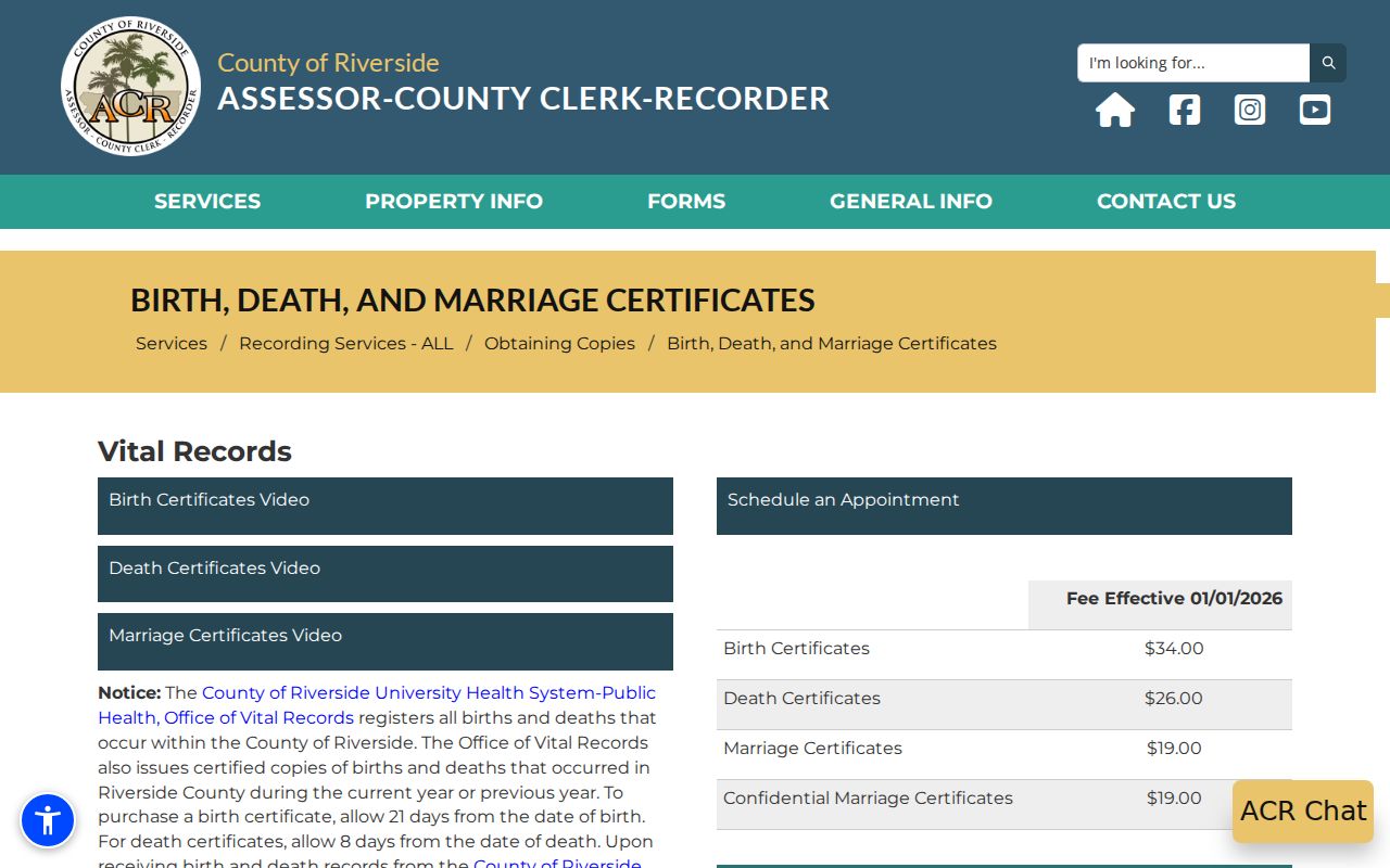 Lake Elsinore residents directory view of Riverside County vital records applications