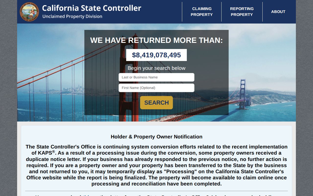 Lake Elsinore resident lookup view of California unclaimed property search