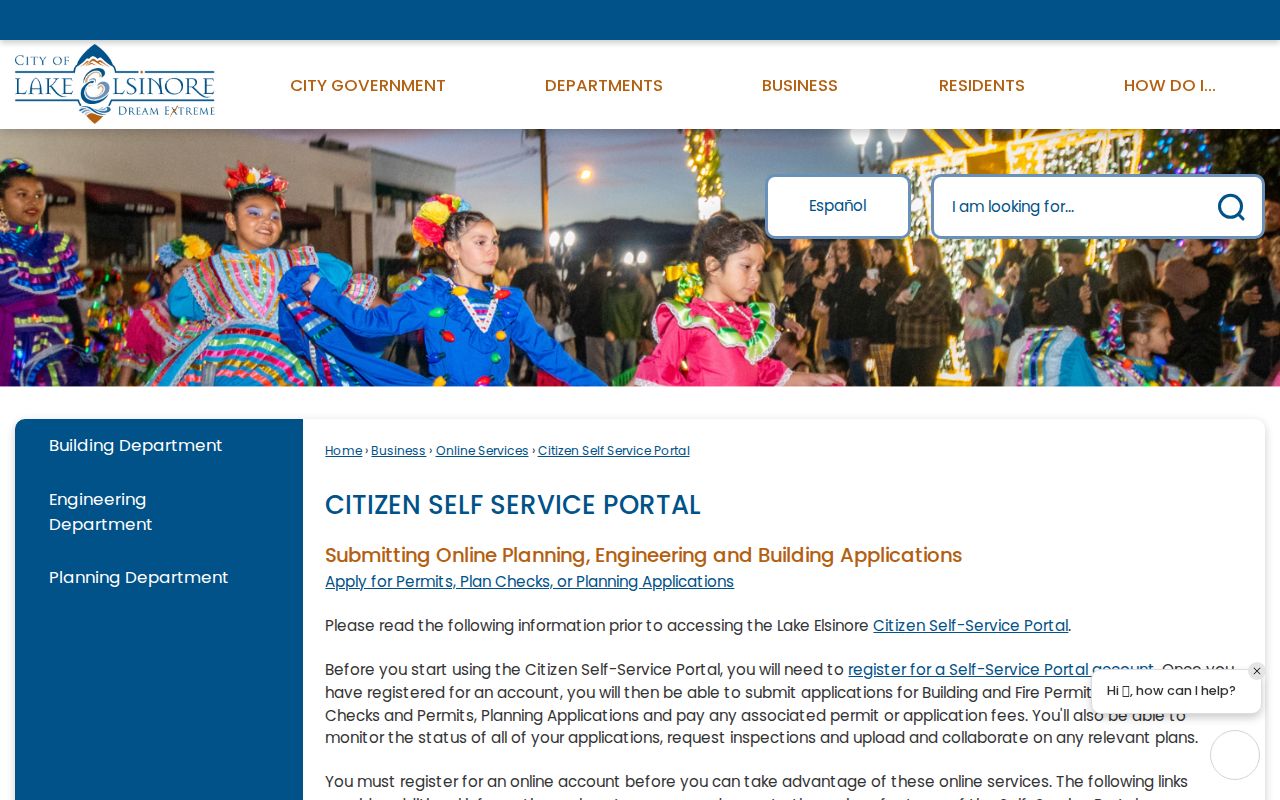 Lake Elsinore street directory view of the city permit self-service portal